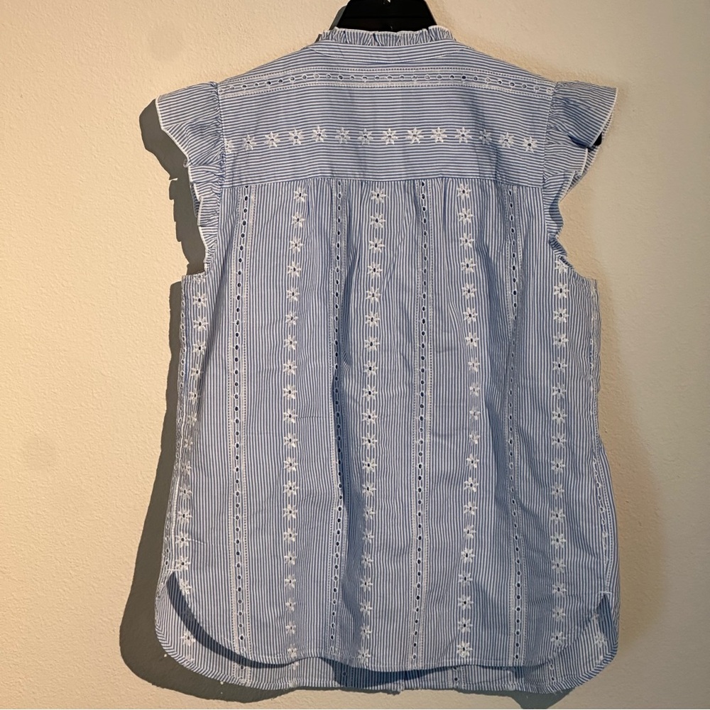 LOFT Blue and White Striped Eyelet Flutter Sleeve Blouse - Picture 7 of 7